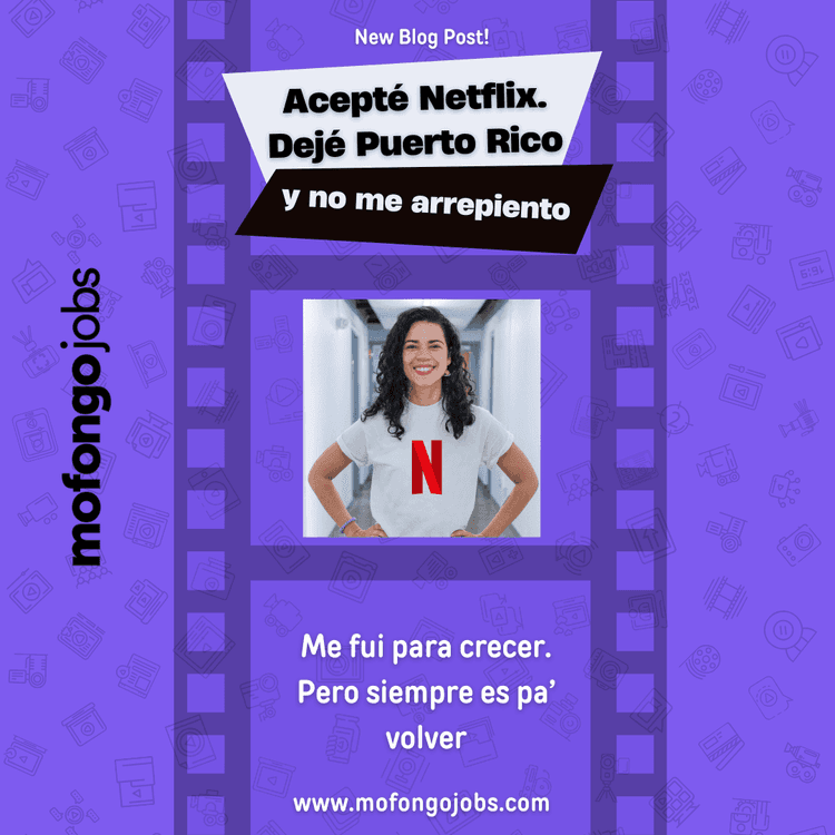 Image featuring a smiling woman wearing a white t-shirt with the red Netflix logo, standing confidently in a hallway. The background is bright purple with icons related to media and work